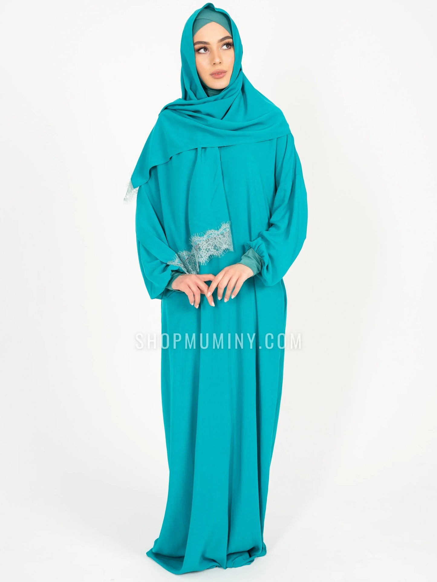 One-Piece Prayer Dress With Scarf: Teal Twilight - Handmade One-Piece Prayer Dress With Scarf from Muminy