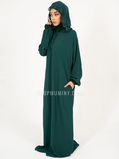 Hooded One-Piece Prayer Dress: Emerald Dream - Handmade Hooded One-Piece Prayer Dress from Muminy