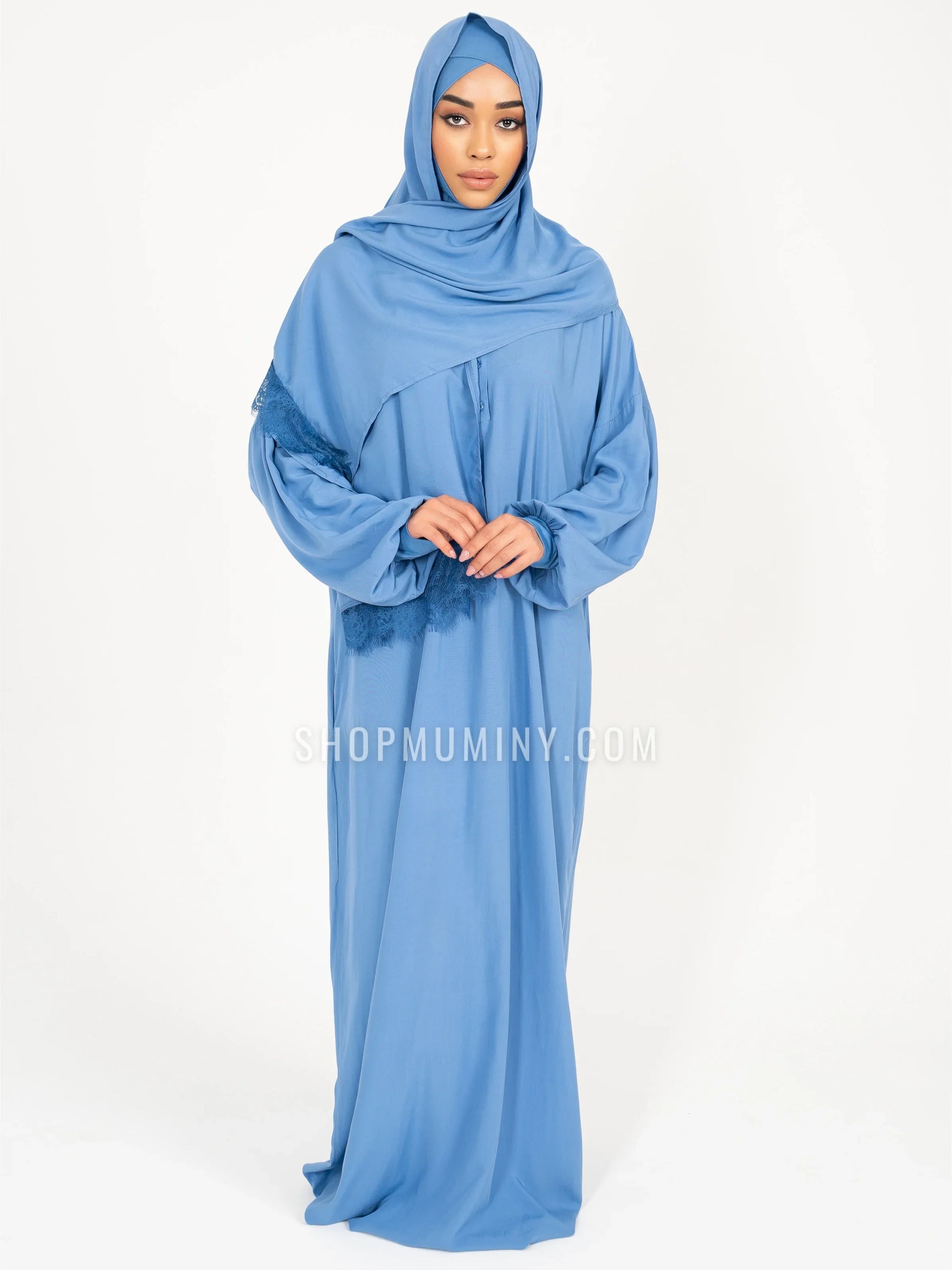 One-Piece Prayer Dress With Scarf: Blue Lagoon - Handmade One-Piece Prayer Dress With Scarf from Muminy