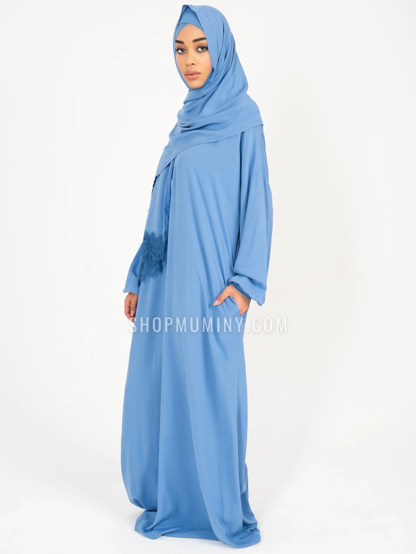 One-Piece Prayer Dress With Scarf: Blue Lagoon - Handmade One-Piece Prayer Dress With Scarf from Muminy