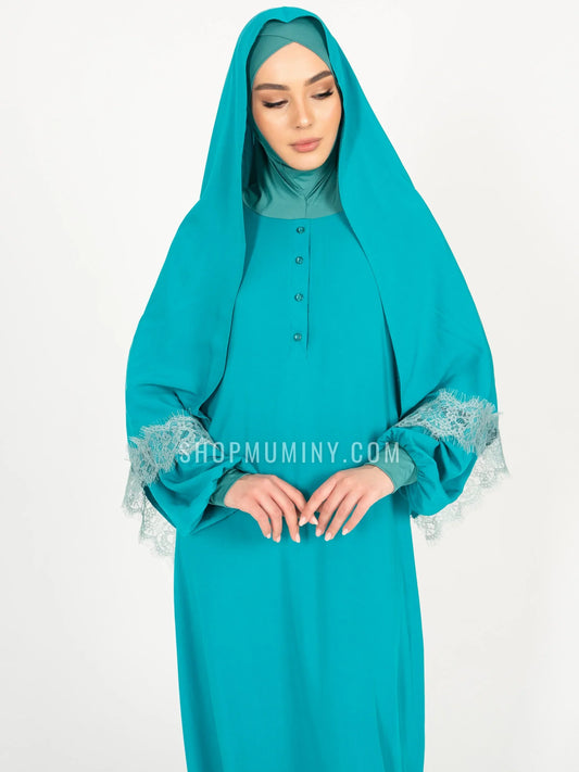 One-Piece Prayer Dress With Scarf: Teal Twilight - Handmade One-Piece Prayer Dress With Scarf from Muminy