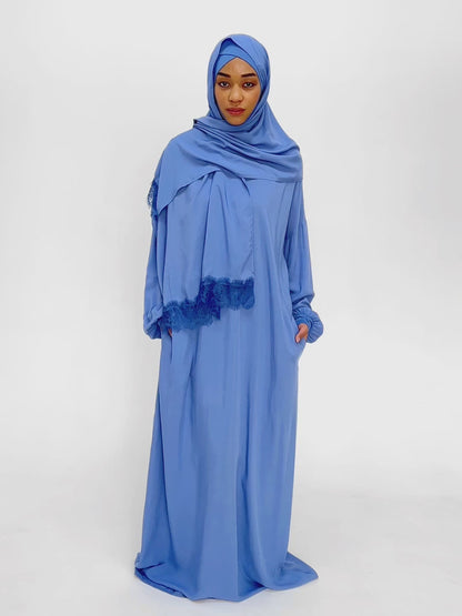 One-Piece Prayer Dress With Scarf: Blue Lagoon